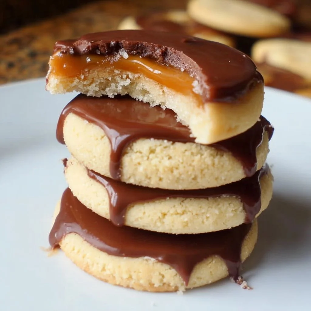 Twix Cookies 2 Freshly baked Twix Cookies with chocolate and caramel drizzled on top.