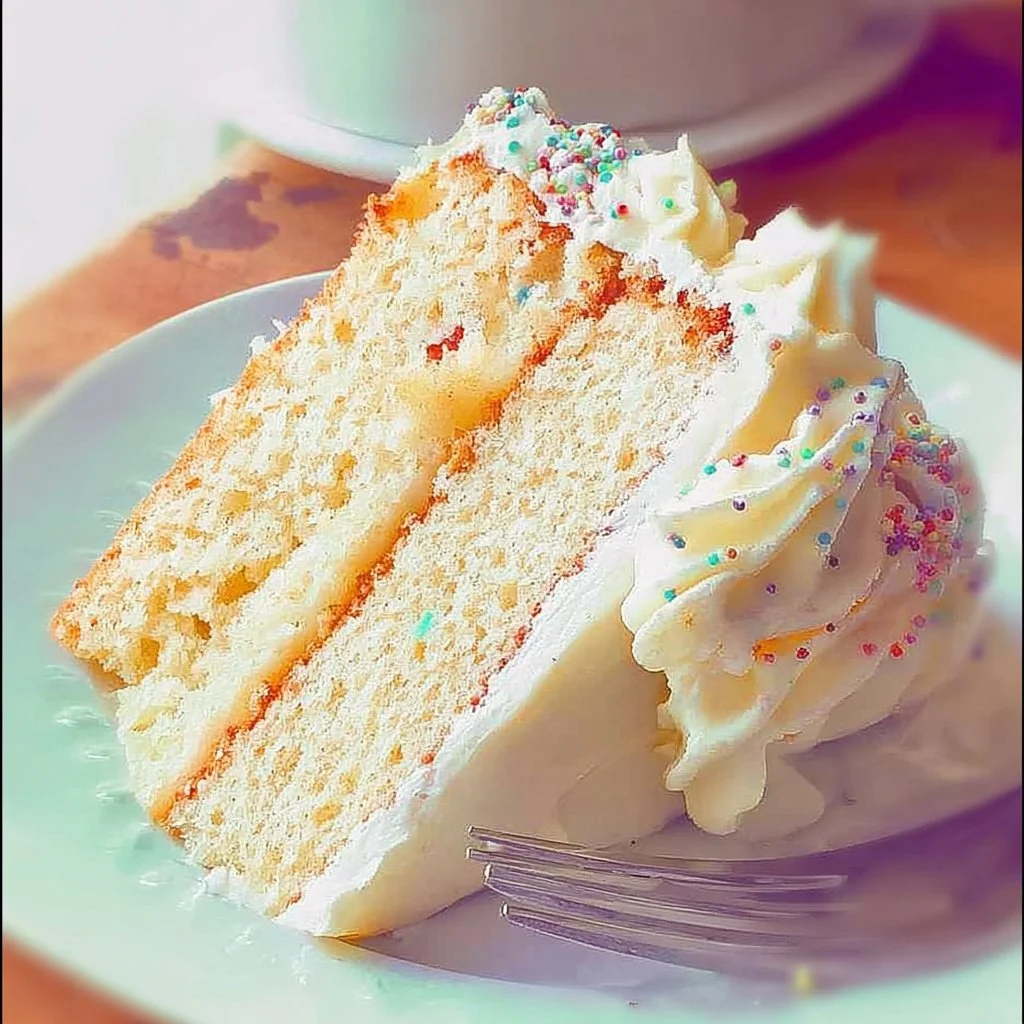 Delicious vanilla cake with creamy vanilla buttercream frosting