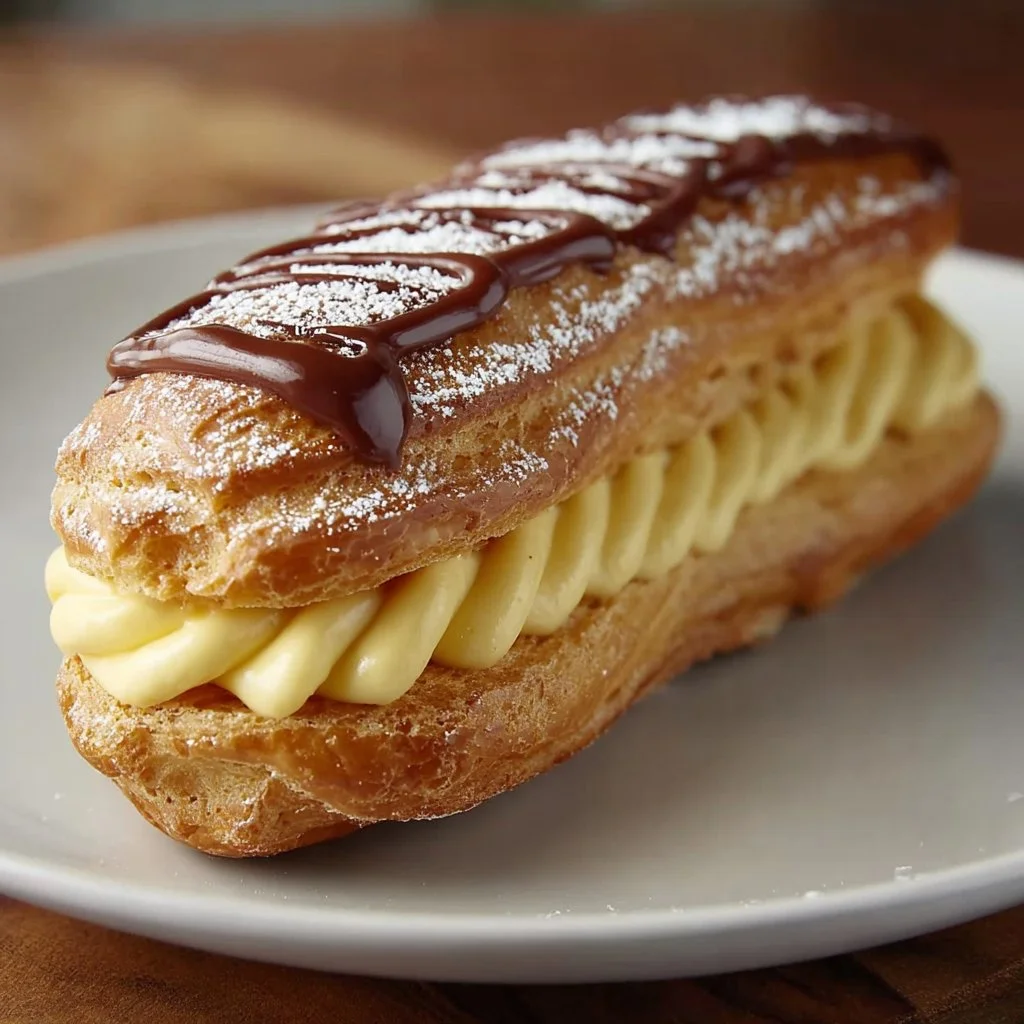 Vanilla Éclair Delight Recipe 1 A delicious vanilla éclair with creamy filling and chocolate glaze.