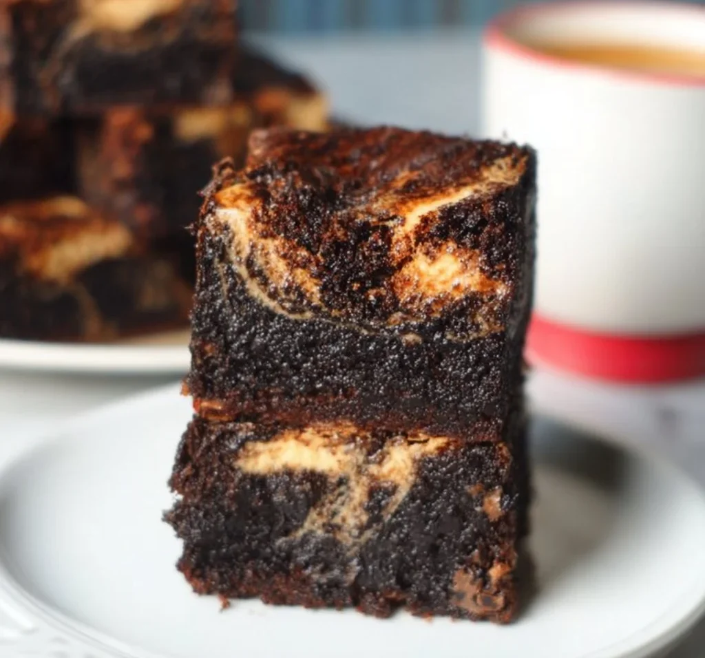 Vietnamese Coffee Brownies with a Condensed Milk Swirl 2 Delicious Vietnamese coffee brownies with a creamy condensed milk swirl on top.