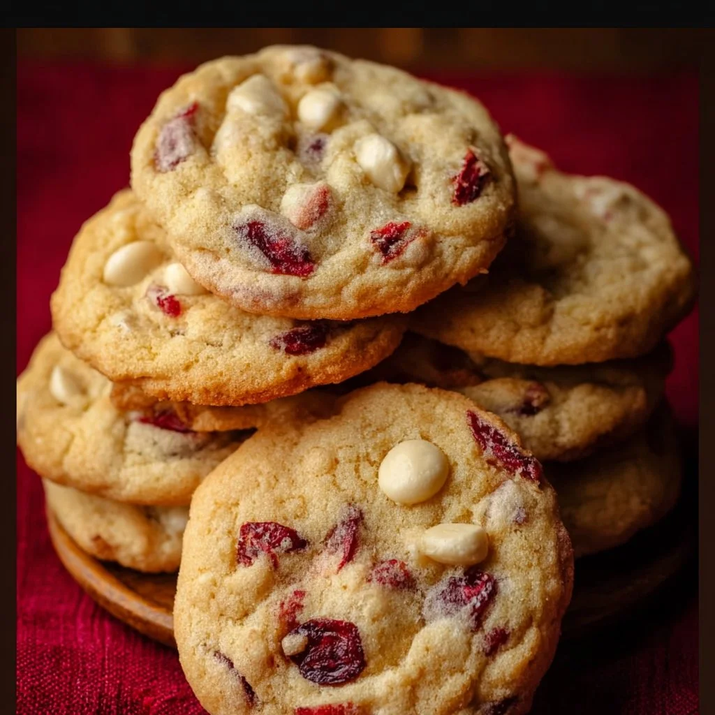 Freshly baked white chocolate cranberry cookies on a cooling rack