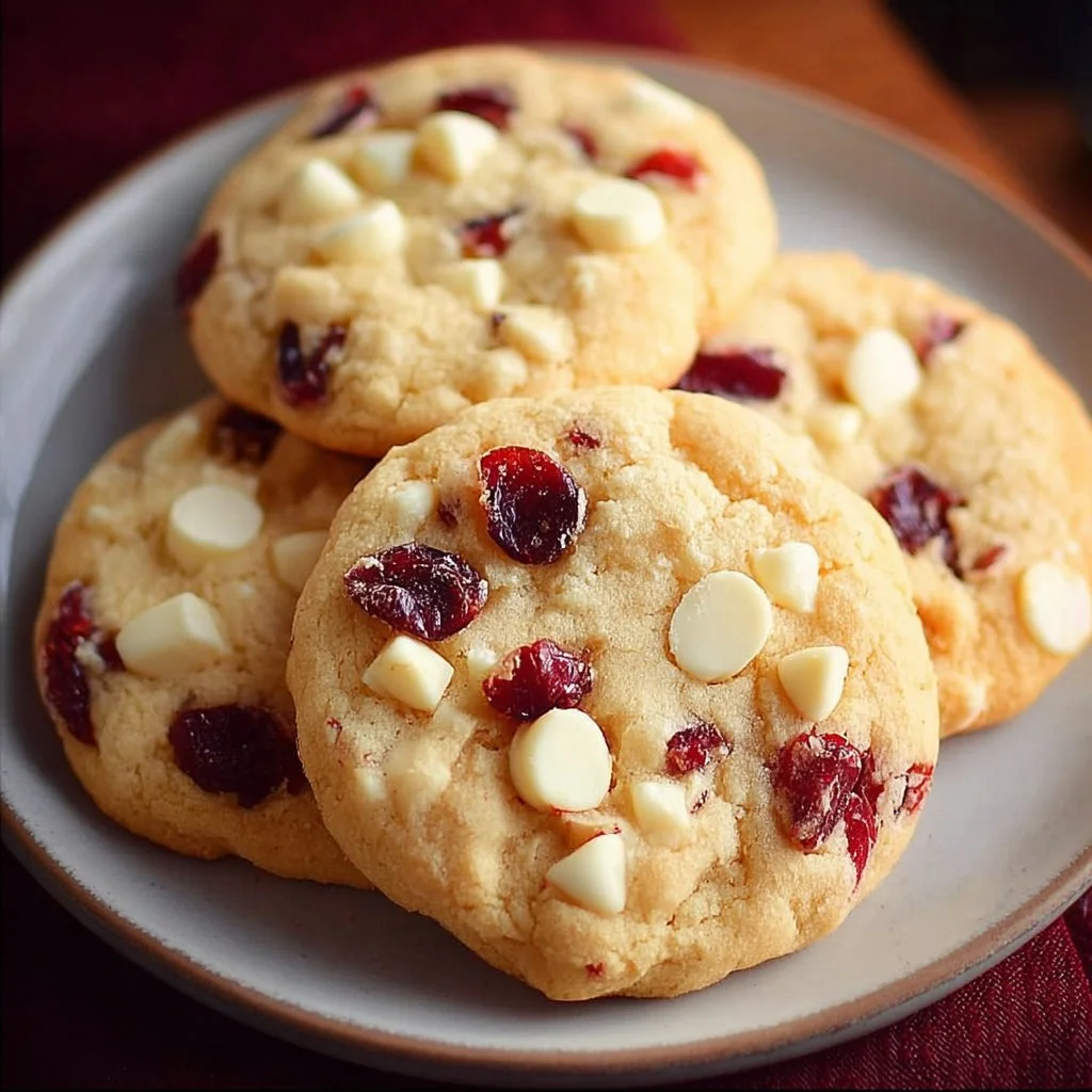 Freshly baked white chocolate cranberry cookies on a cooling rack.