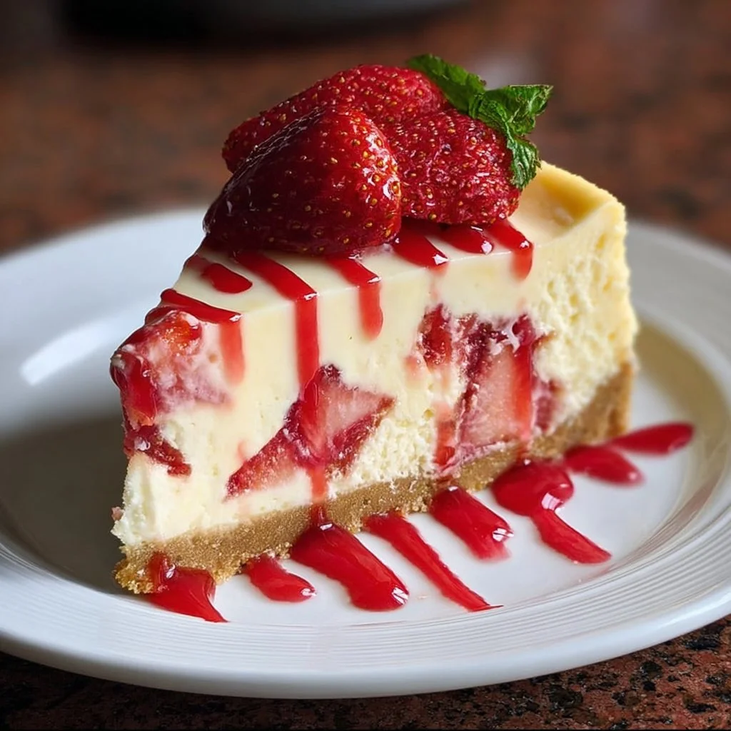 White Chocolate Strawberry Cheesecake 2 Delicious slice of white chocolate strawberry cheesecake topped with fresh strawberries