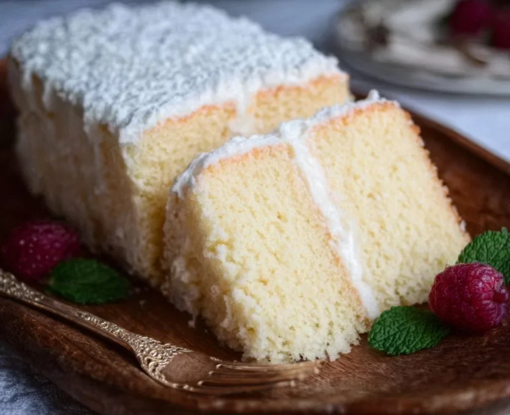 Slices of White Velvet Buttermilk Cake topped with frosting and fresh berries