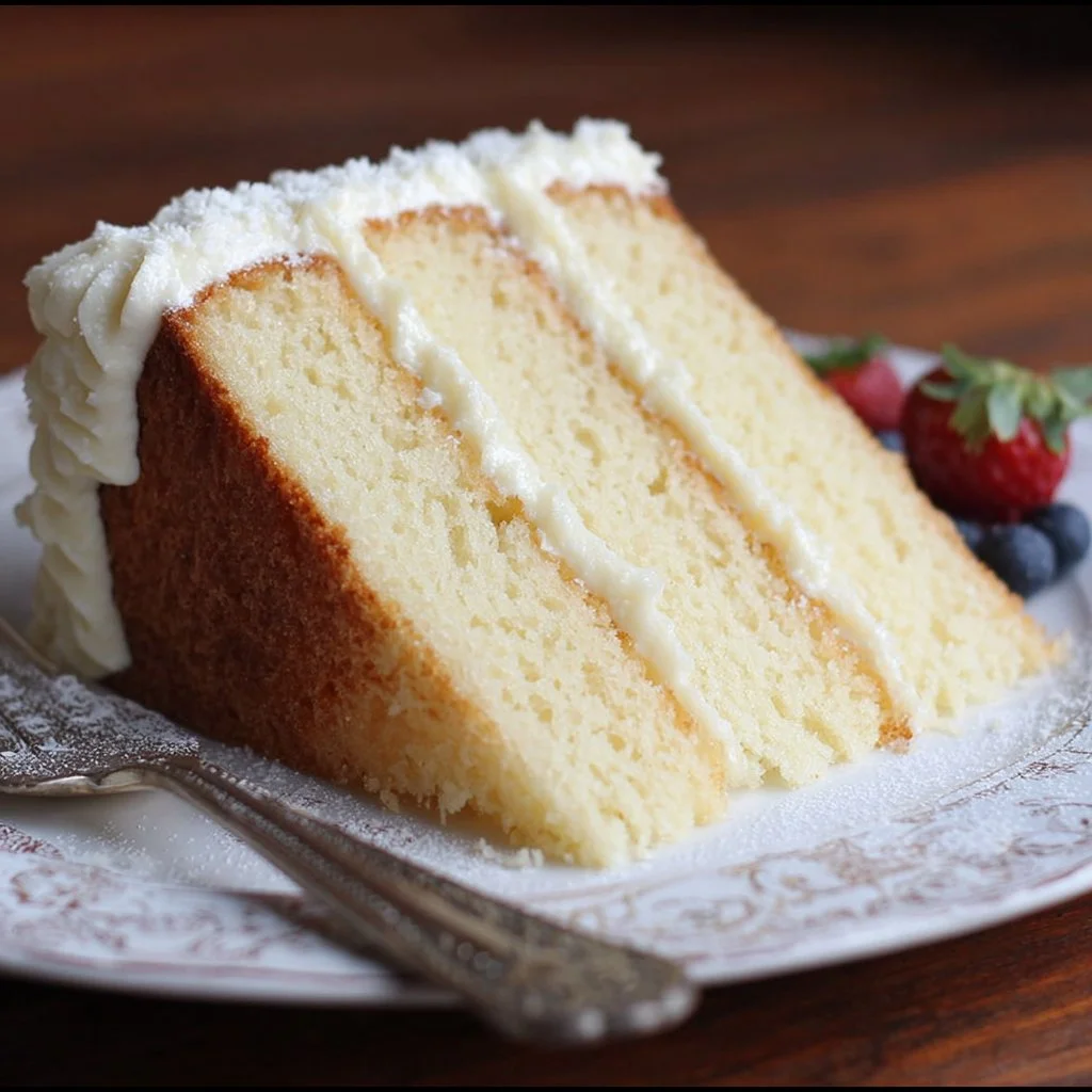 Slices of White Velvet Buttermilk Cake topped with creamy frosting and fresh berries.