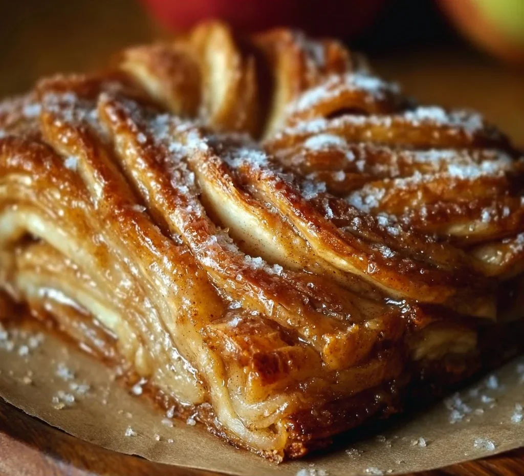 Delicious Wisconsin Apple Kringle pastry with apple filling on a wooden table.