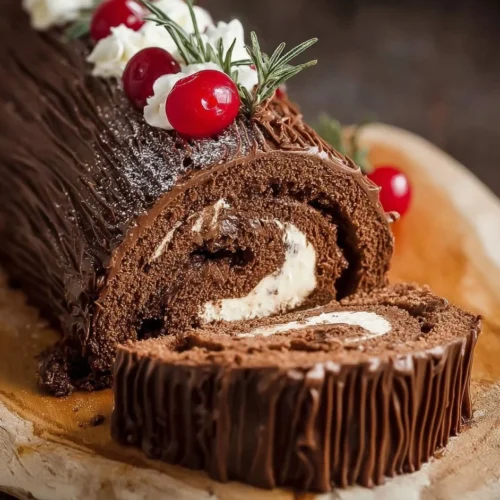 Decorative Yule Log Cake adorned with festive icing and chocolate decorations.