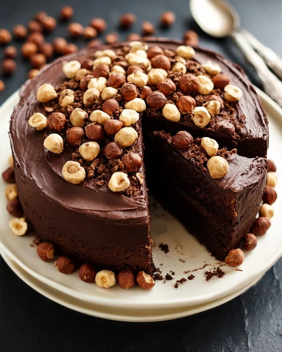 1-Bowl Chocolate Hazelnut Cake (Vegan + GF) 1 Vegan gluten-free chocolate hazelnut cake in a rustic setting