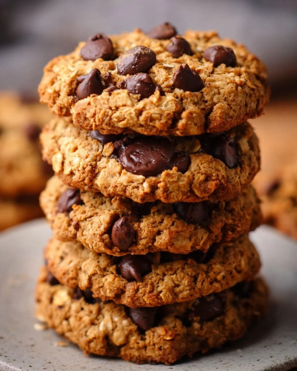 5-ingredient peanut butter oatmeal chocolate chip cookies on a baking tray