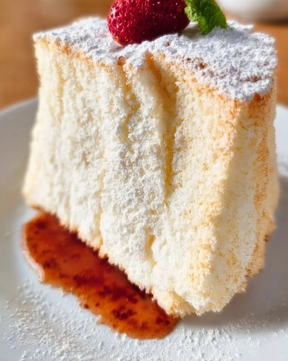 Delicious homemade Angel Food Cake topped with fresh strawberries