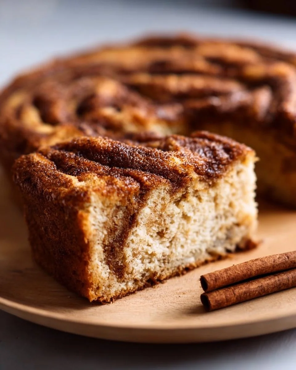 Delicious baked protein cinnamon cake on a plate, topped with cinnamon and protein powder.