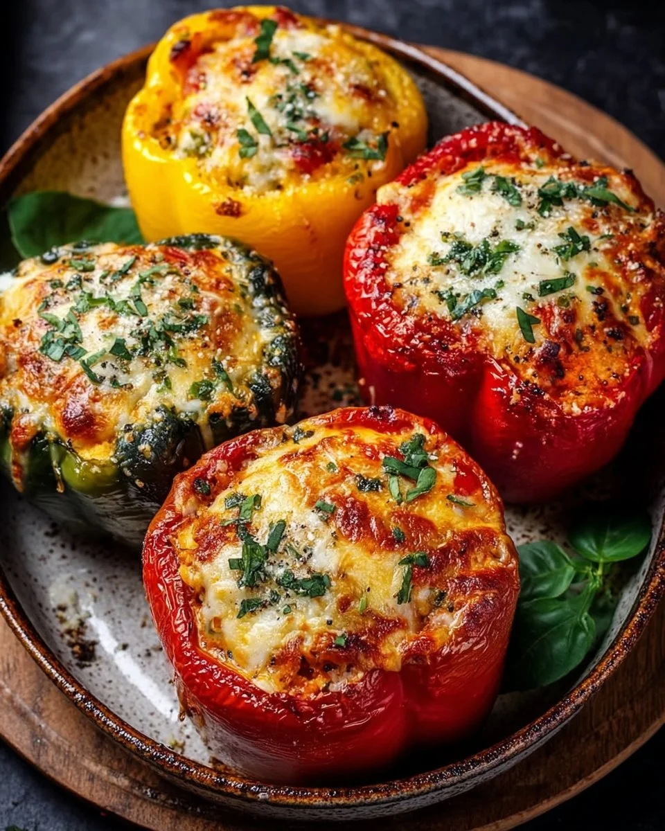 Baked ricotta stuffed peppers garnished with herbs and cheese