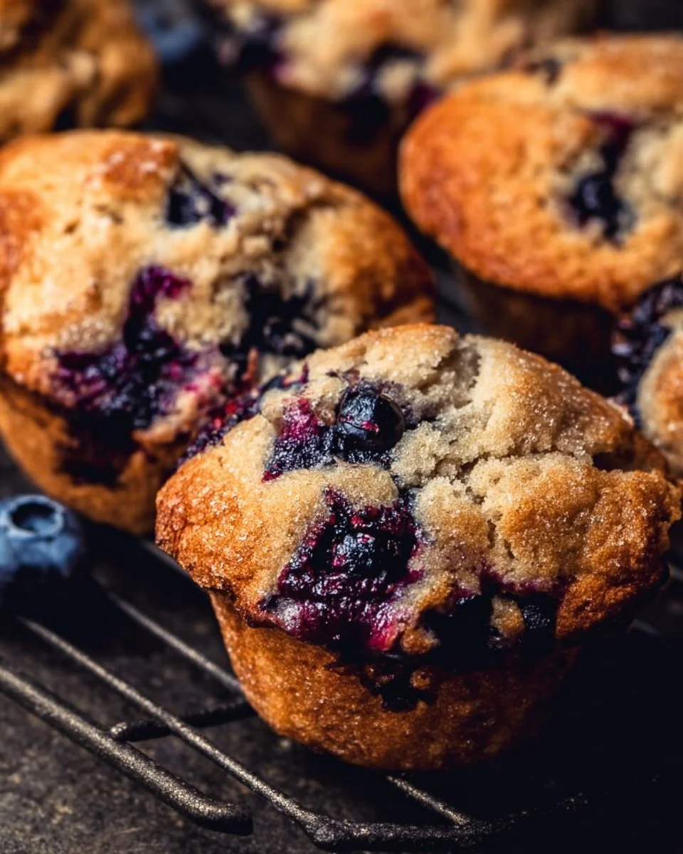 Bakery style blueberry muffins with fresh blueberries on a cooling rack