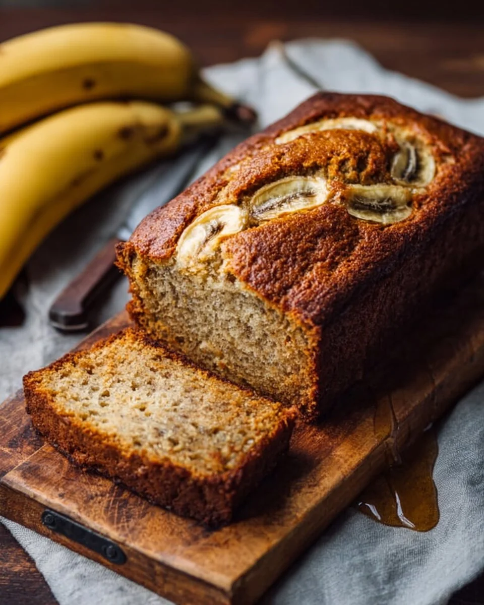 Delicious slice of banana bread drizzled with honey on a wooden table