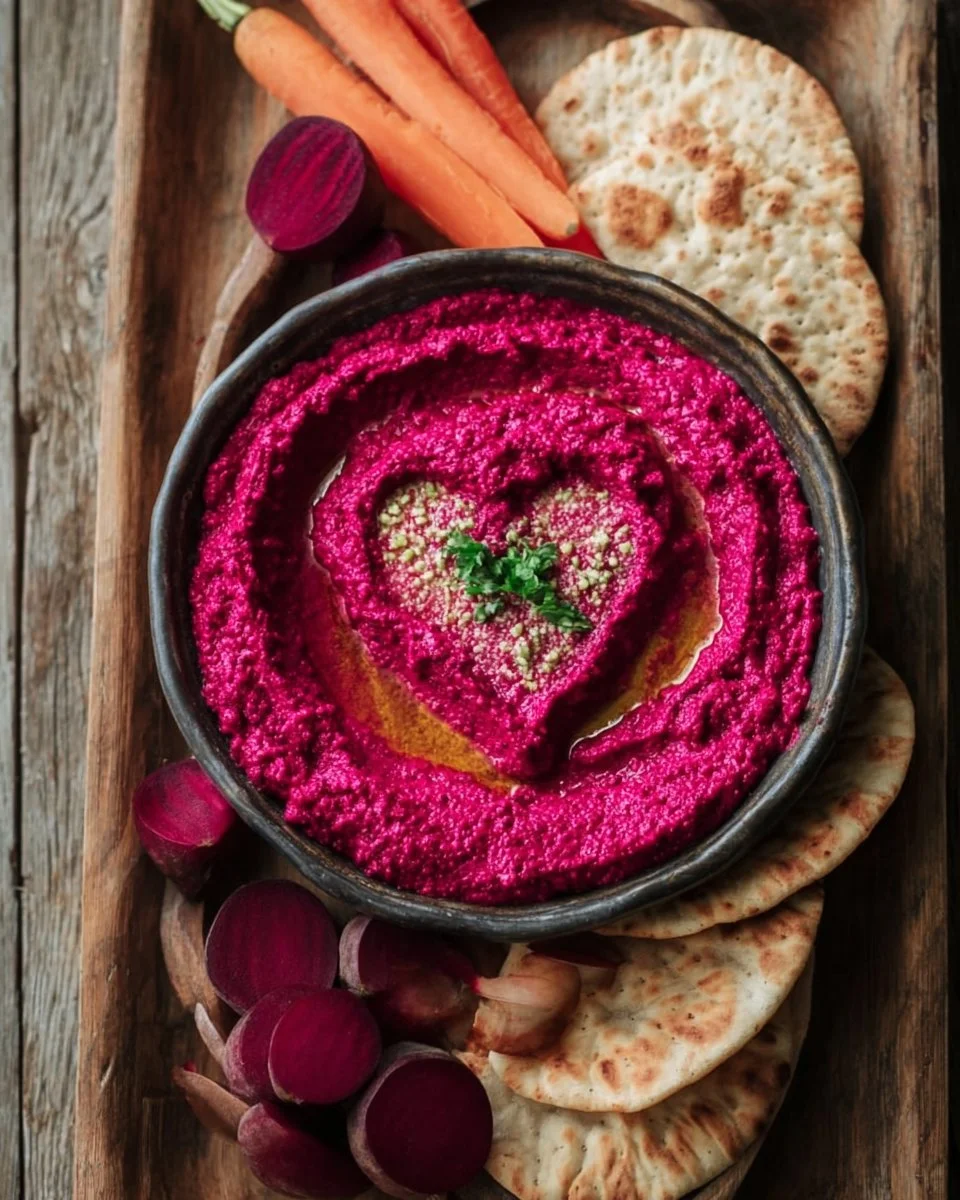 Colorful beet hummus platter with fresh vegetables and pita bread