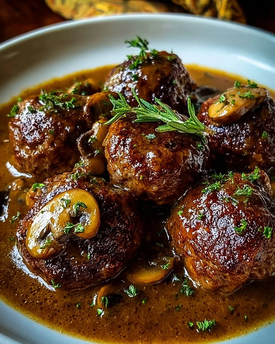 Best Salisbury Steak Meatballs with Rich Mushroom Gravy 1 Salisbury steak meatballs topped with rich mushroom gravy on a plate