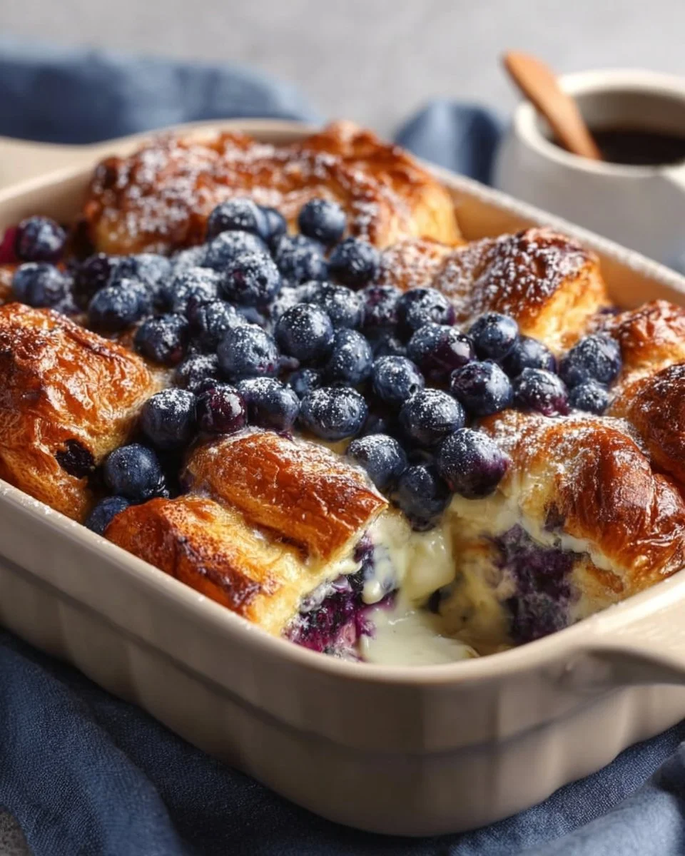 Blueberry Cream Cheese Croissant Casserole 1 Blueberry cream cheese croissant casserole baked to perfection.