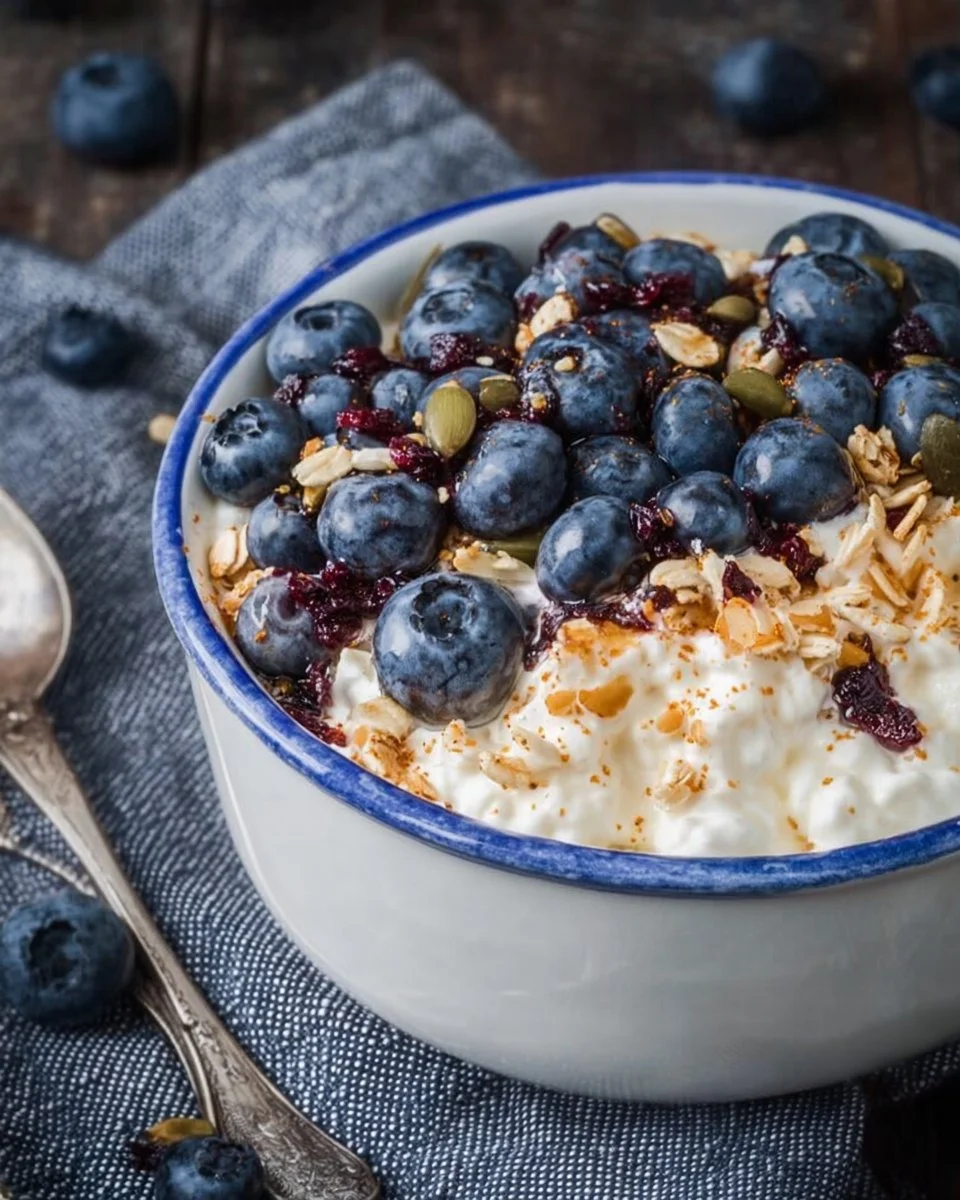 Delicious blueberry muesli bowl with cottage cheese and fresh blueberries