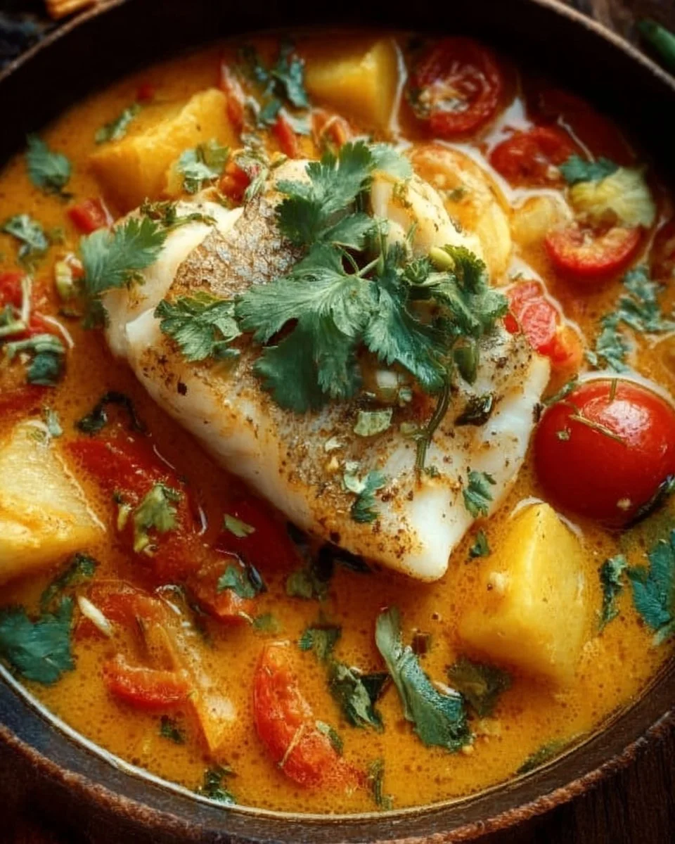 Bowl of Brazilian Fish Stew (Moqueca) with vibrant vegetables and spices