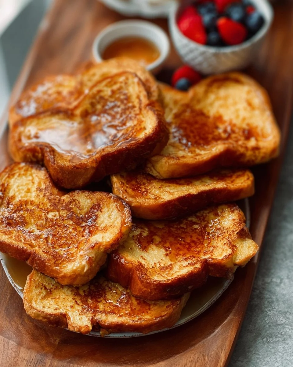 Delicious sliced Brioche French Toast topped with fresh berries and syrup