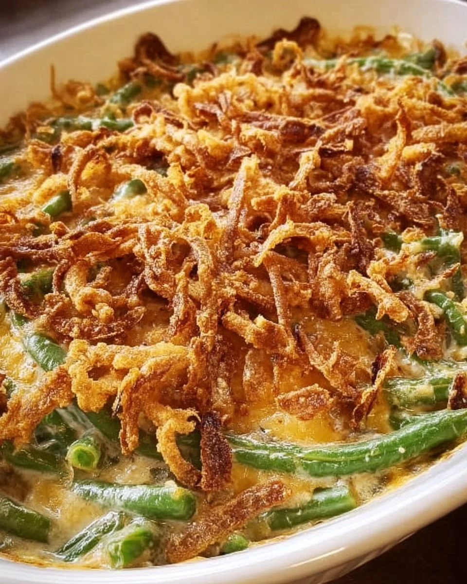 Creamy Campbell’s green bean casserole topped with crispy onions