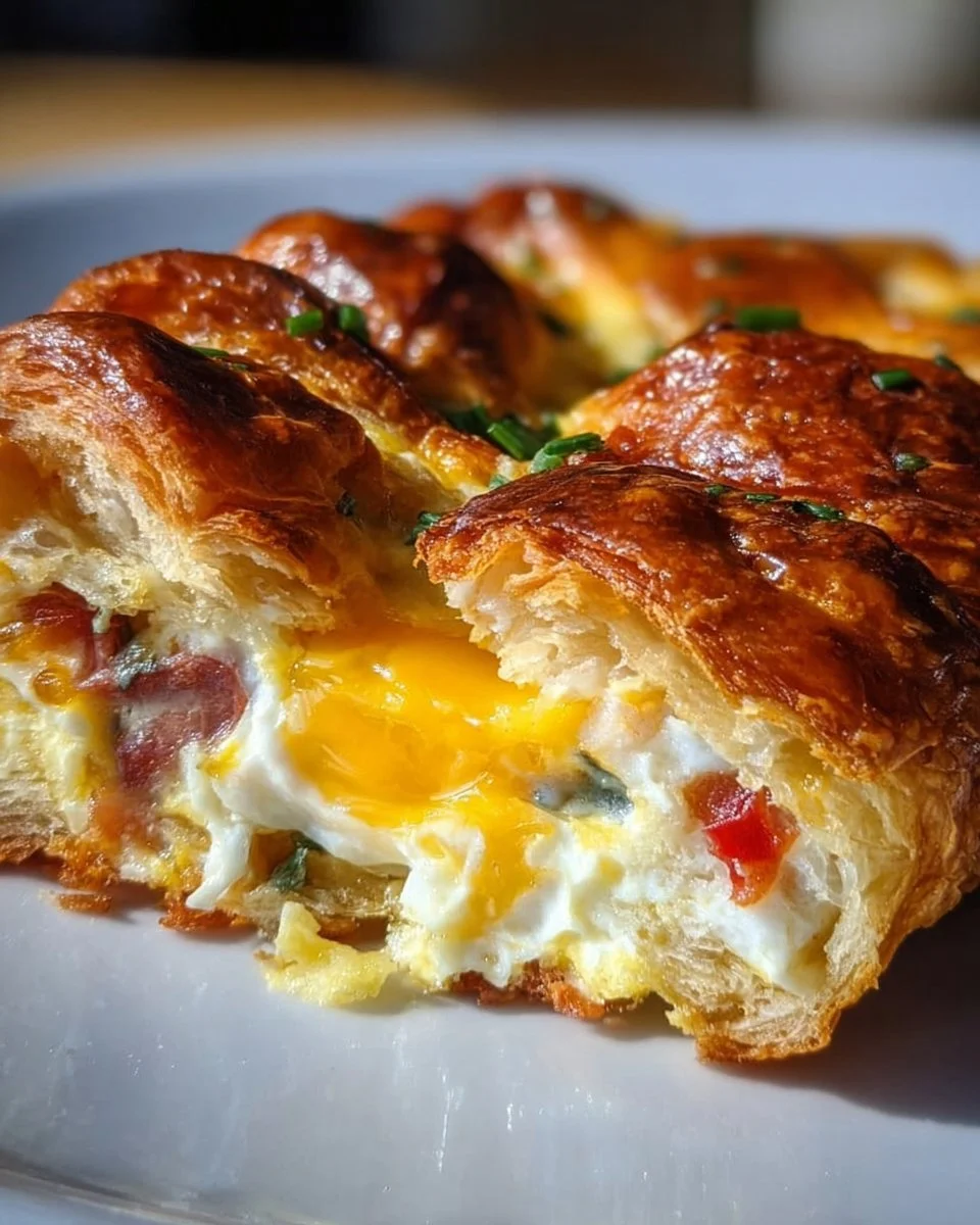 Cheesy Croissant Egg Bake 1 Cheesy croissant egg bake topped with melted cheese and fresh herbs