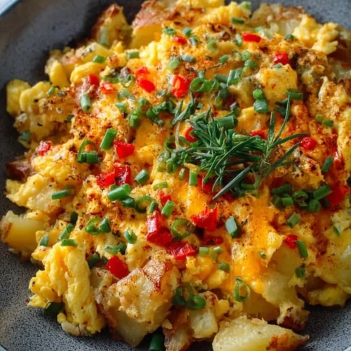 Cheesy potato egg scramble served in a bowl, topped with herbs.