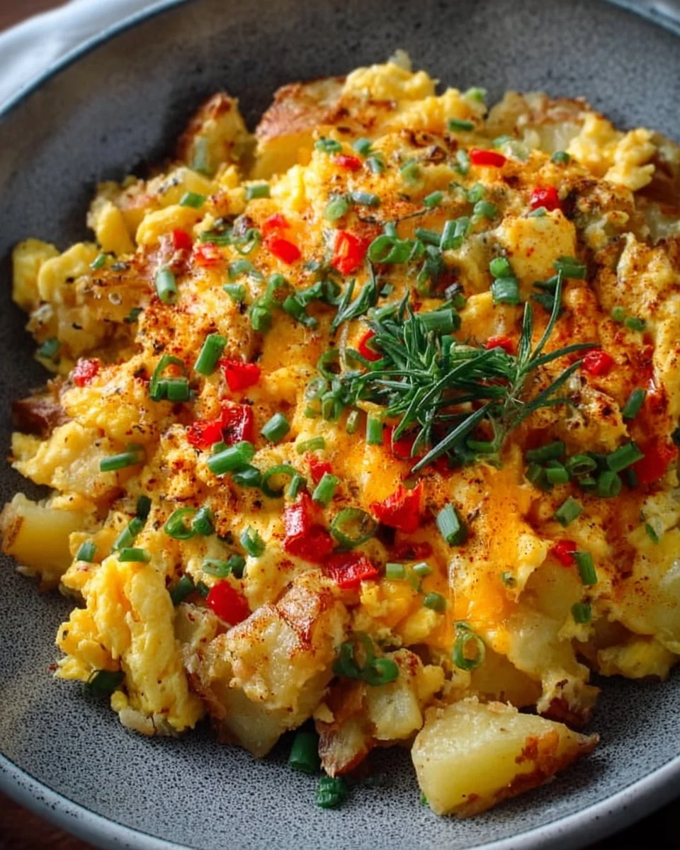 Cheesy potato egg scramble served in a bowl, topped with herbs.