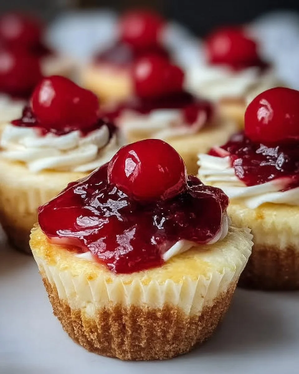 Cherry Cheesecake Cupcake Bites 1 Delicious Cherry Cheesecake Cupcake Bites topped with cherries and cream cheese frosting