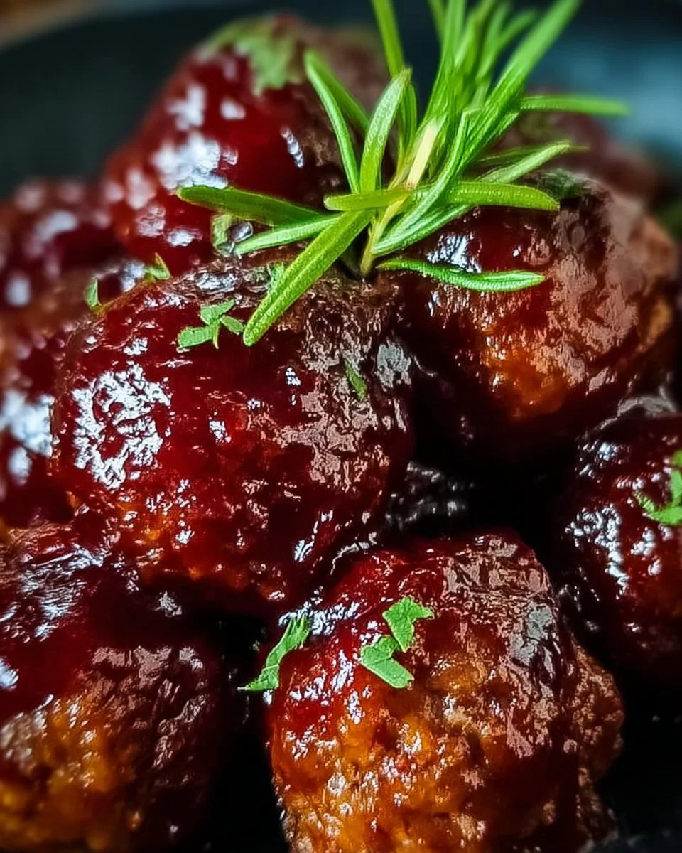 Cherry-Coded Cranberry BBQ Meatballs 1 Plate of Cherry-Coded Cranberry BBQ Meatballs garnished with herbs.