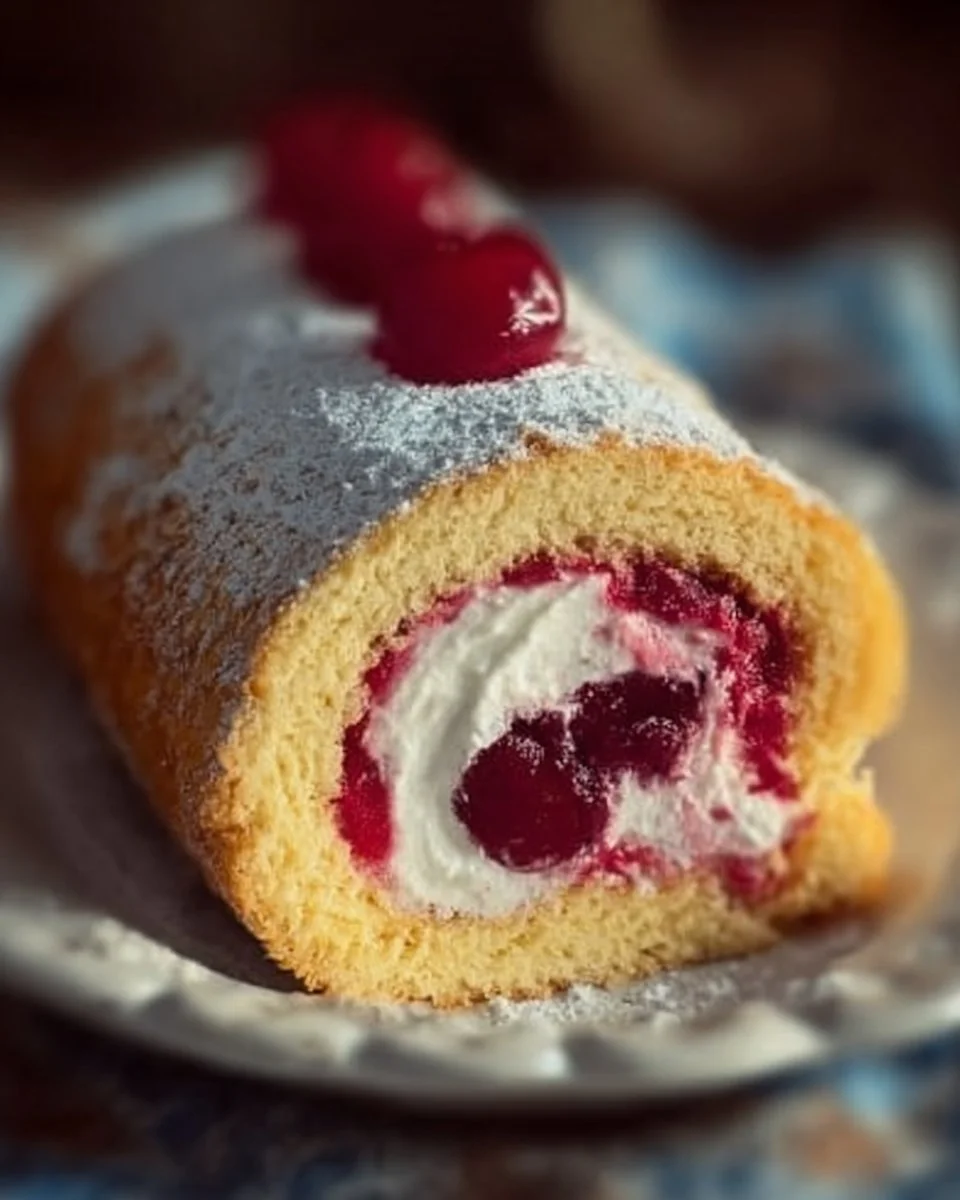 Cherry Cream Swiss Roll 1 Delicious cherry cream Swiss roll dessert with cherry filling and cream layer