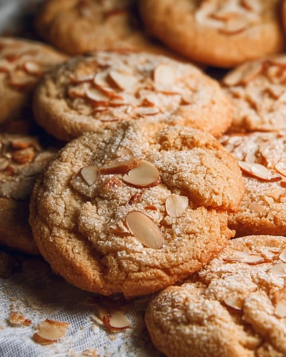 Chewy Almond Cookies 1 Chewy almond cookies with a golden brown exterior and almond flakes