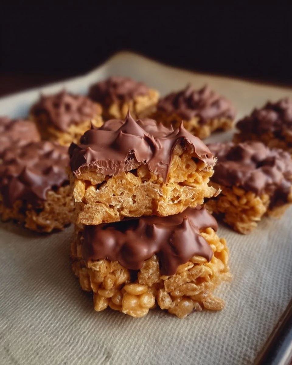 Delicious Chex Scotcheroos topped with chocolate and peanut butter