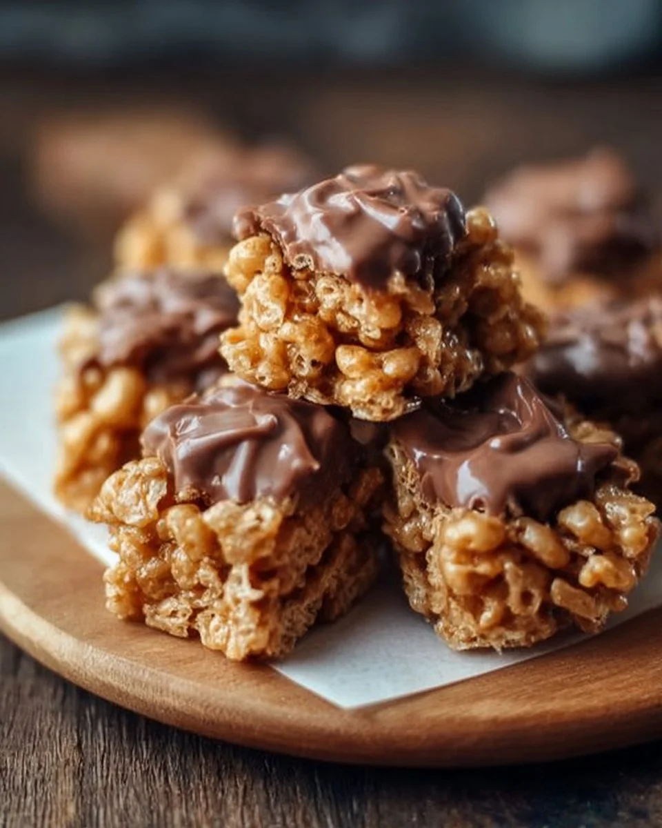 Chex Scotcheroos with chocolate and peanut butter on a wooden board