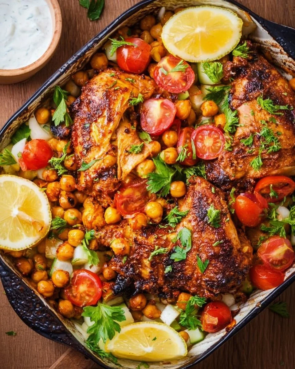 Chicken and Chickpea Shawarma Traybake 1 Chicken and Chickpea Shawarma Traybake served on a rustic wooden table