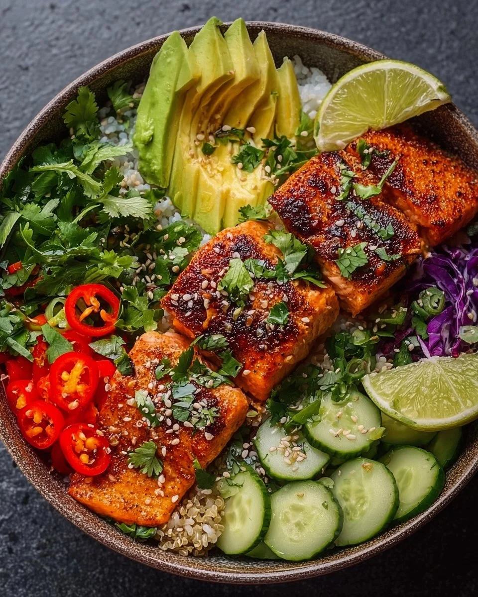 Chili Lime Salmon Bowl with vibrant vegetables and lime wedges