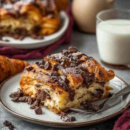 Chocolate Croissant Breakfast Casserole 2 Chocolate croissant breakfast casserole baked dish with chocolate and flaky pastry