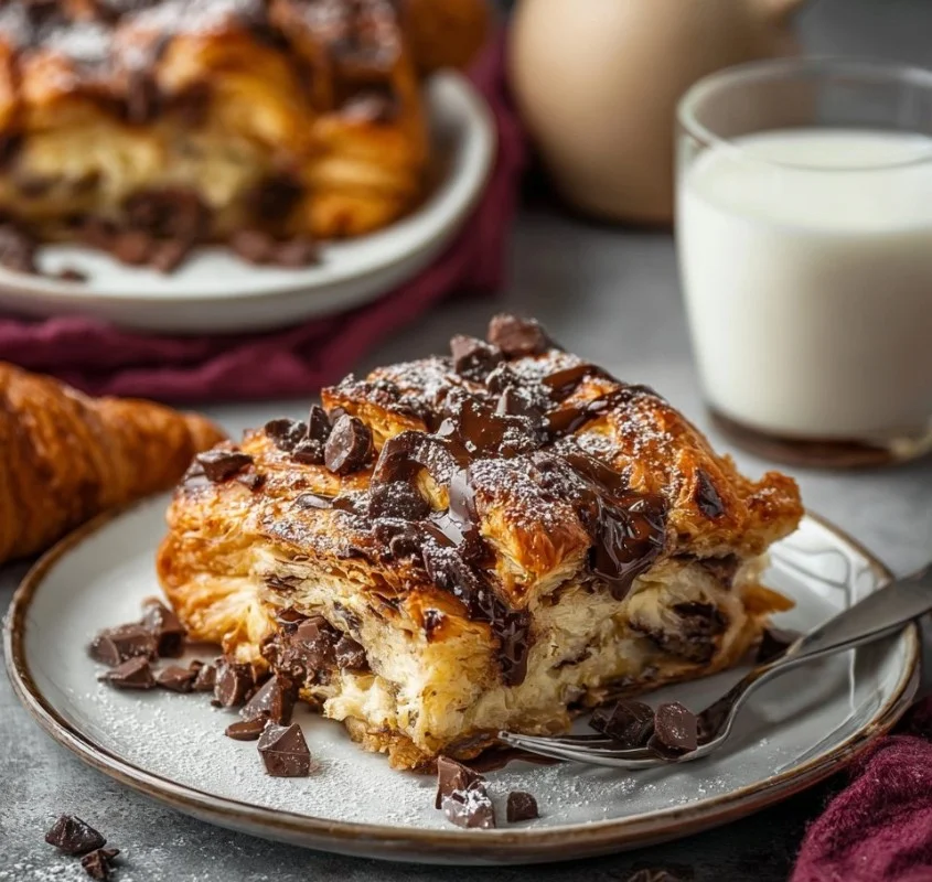Chocolate croissant breakfast casserole baked dish with chocolate and flaky pastry