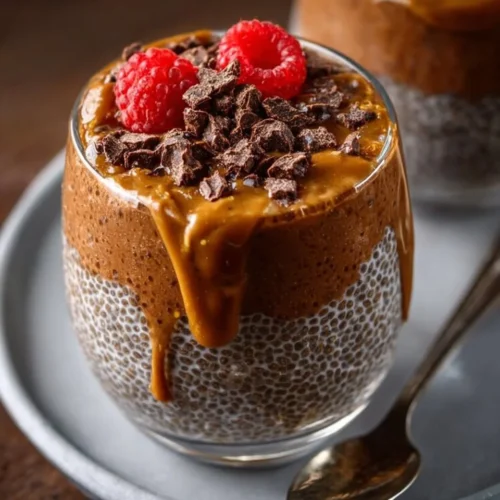 Chocolate peanut butter chia pudding served in a bowl topped with nuts.