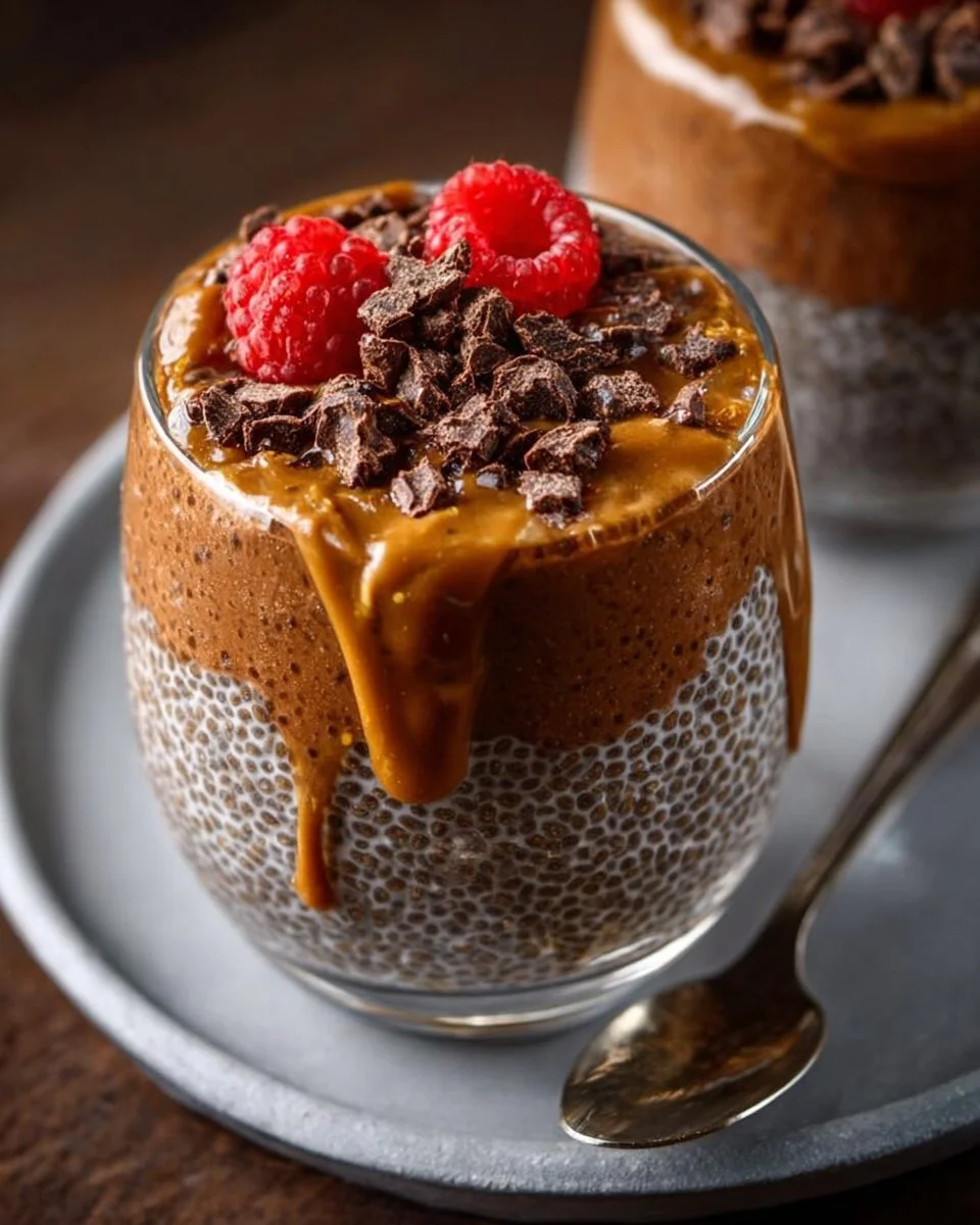 Chocolate peanut butter chia pudding served in a bowl topped with nuts.