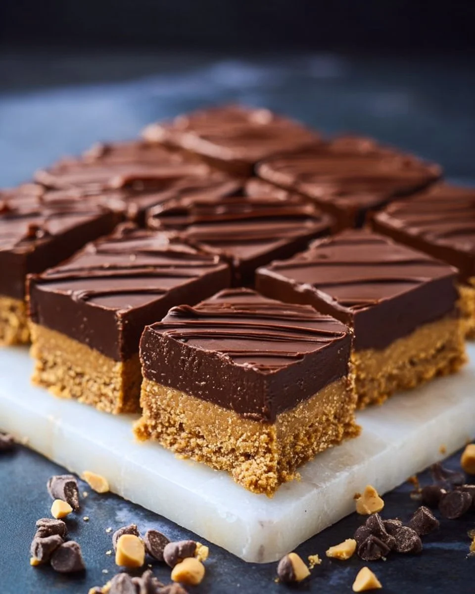Delicious Chocolate Peanut Butter Squares topped with chocolate drizzle