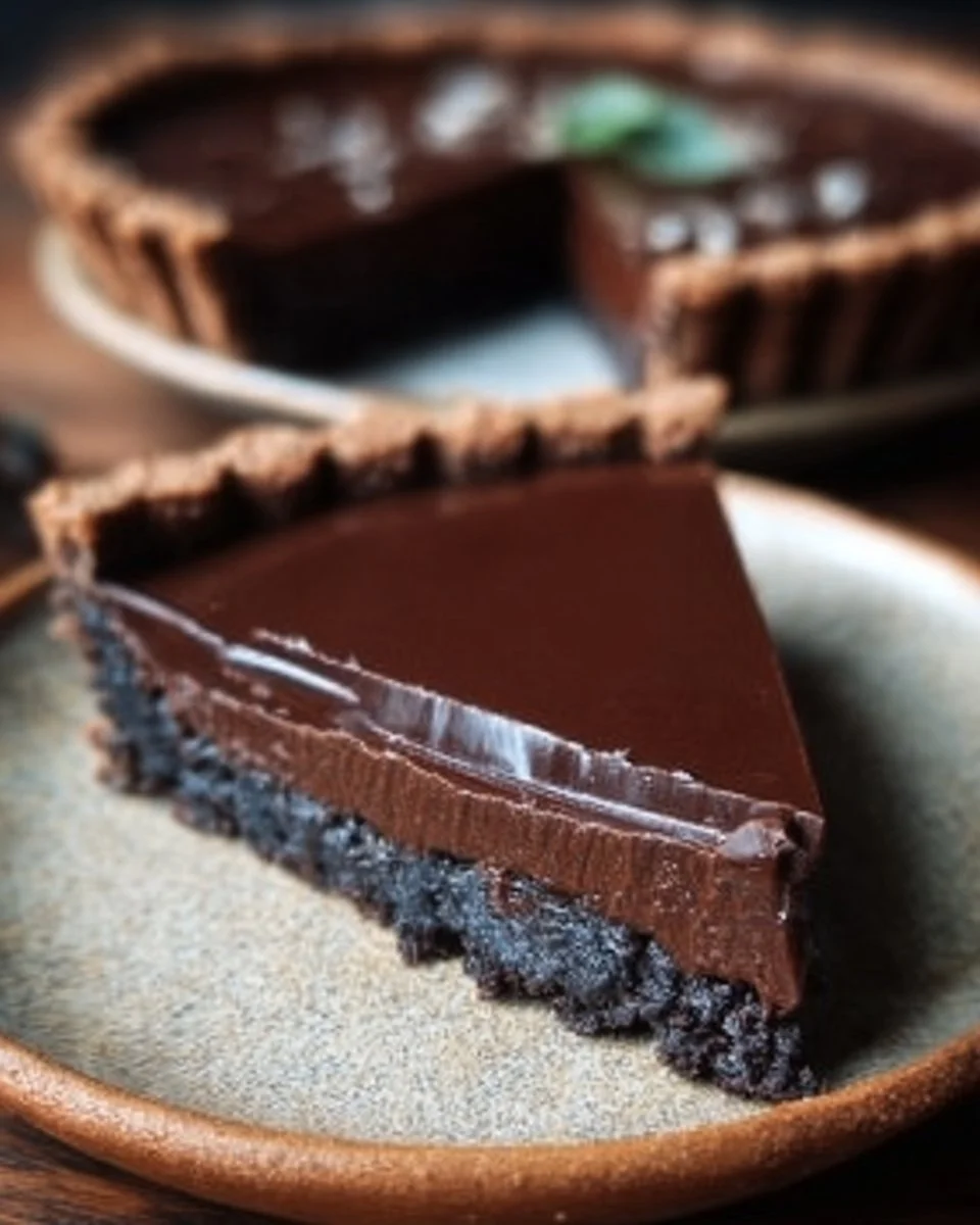 Chocolate Tart 1 Delicious homemade chocolate tart with a glossy chocolate glaze and fresh strawberries