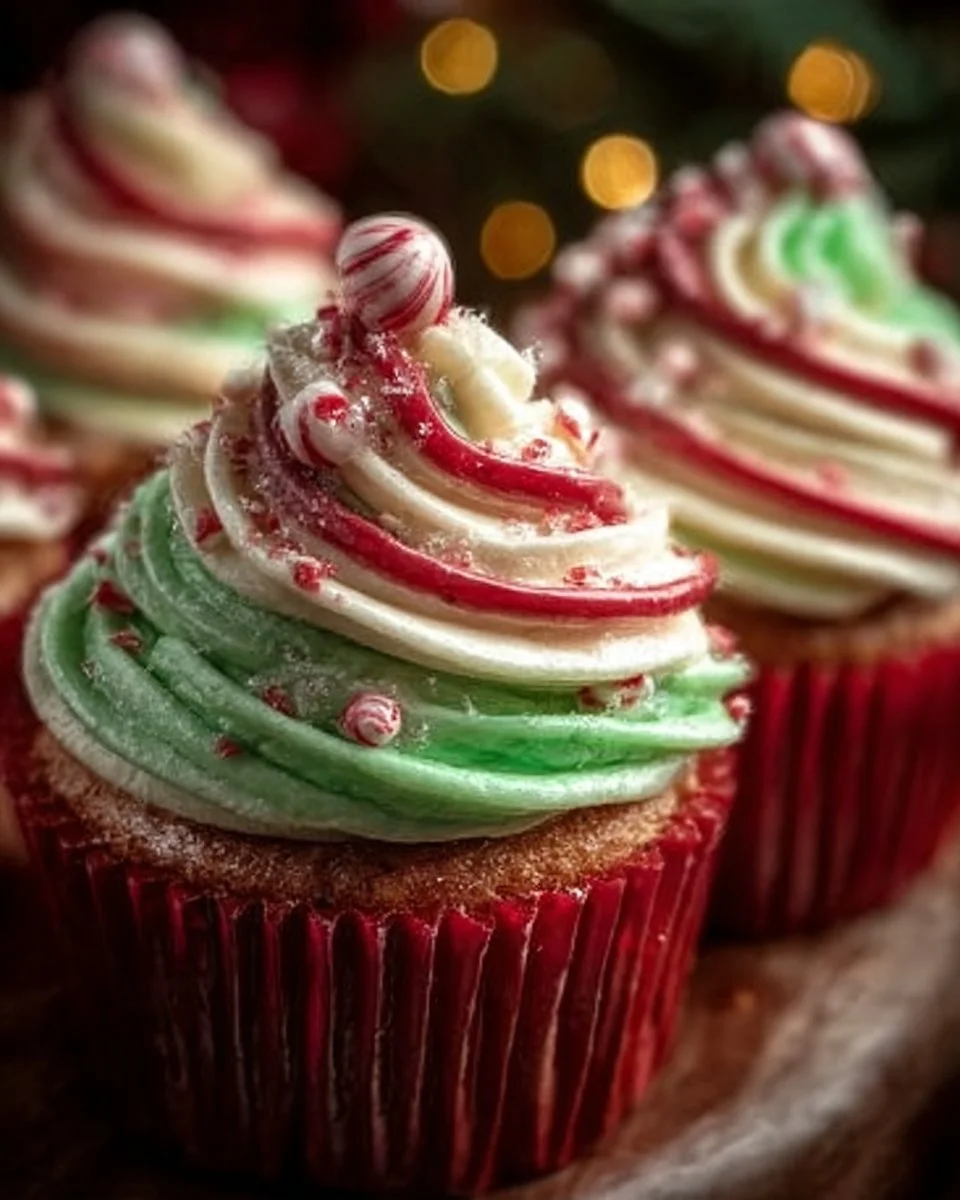 Christmas Candy Swirl Cupcakes 1 Festive Christmas Candy Swirl Cupcakes decorated with colorful icing and sprinkles