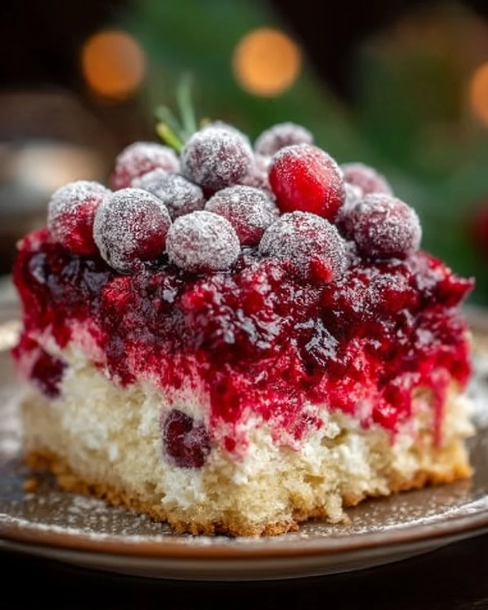 Christmas Cranberry Poke Cake topped with cream and fresh cranberries