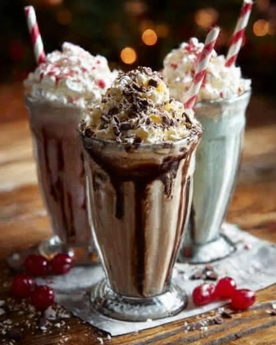 Delicious Christmas milkshakes topped with festive decorations and whipped cream.