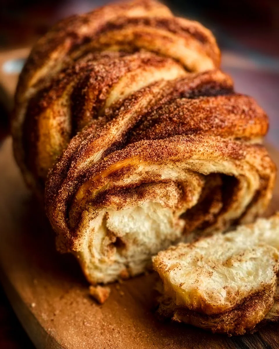 Cinnamon Twisted Bread 1 Freshly baked Cinnamon Twisted Bread with swirls of cinnamon and sugar.