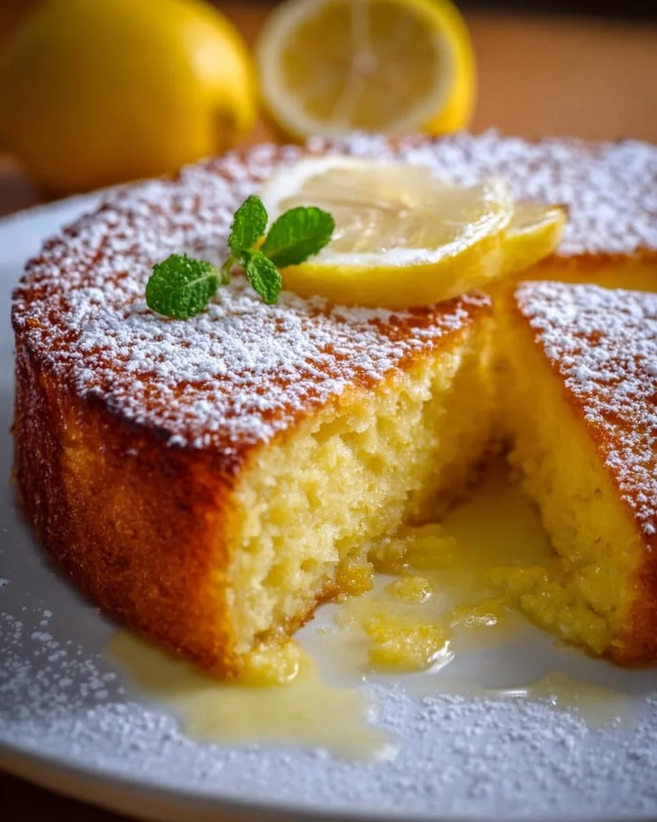 Classic Lemon Custard Cake topped with fresh lemons and powdered sugar
