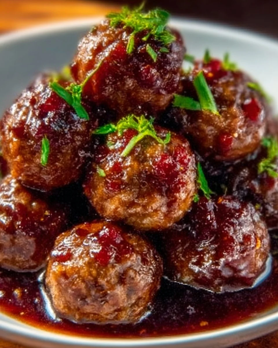 Delicious cocktail meatballs glazed with cranberry chili sauce