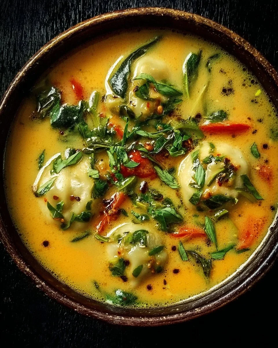 A bowl of coconut curry soup with vibrant vegetables and herbs.