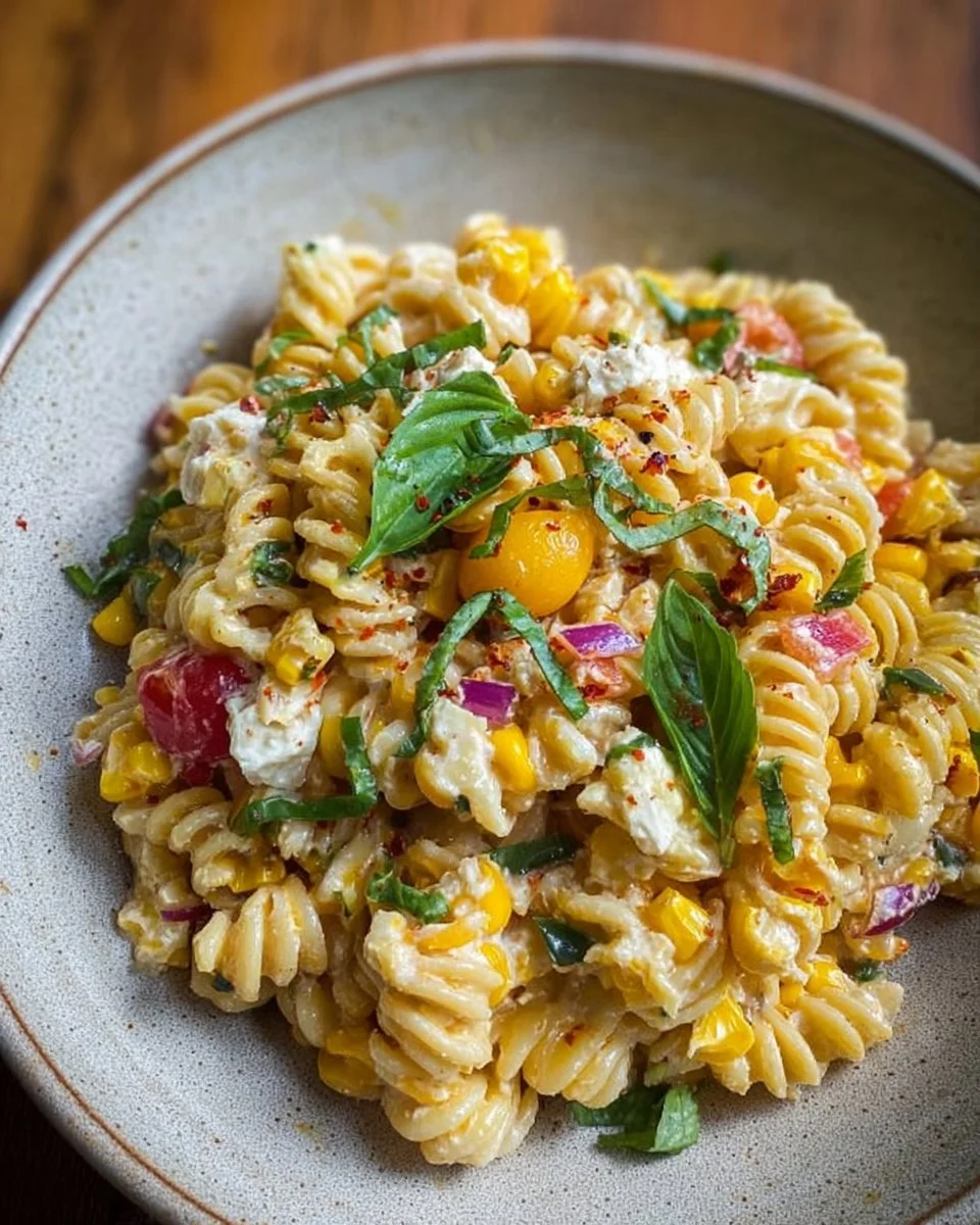 Corn and Pasta Salad 1 Delicious corn pasta salad with fresh vegetables and dressing